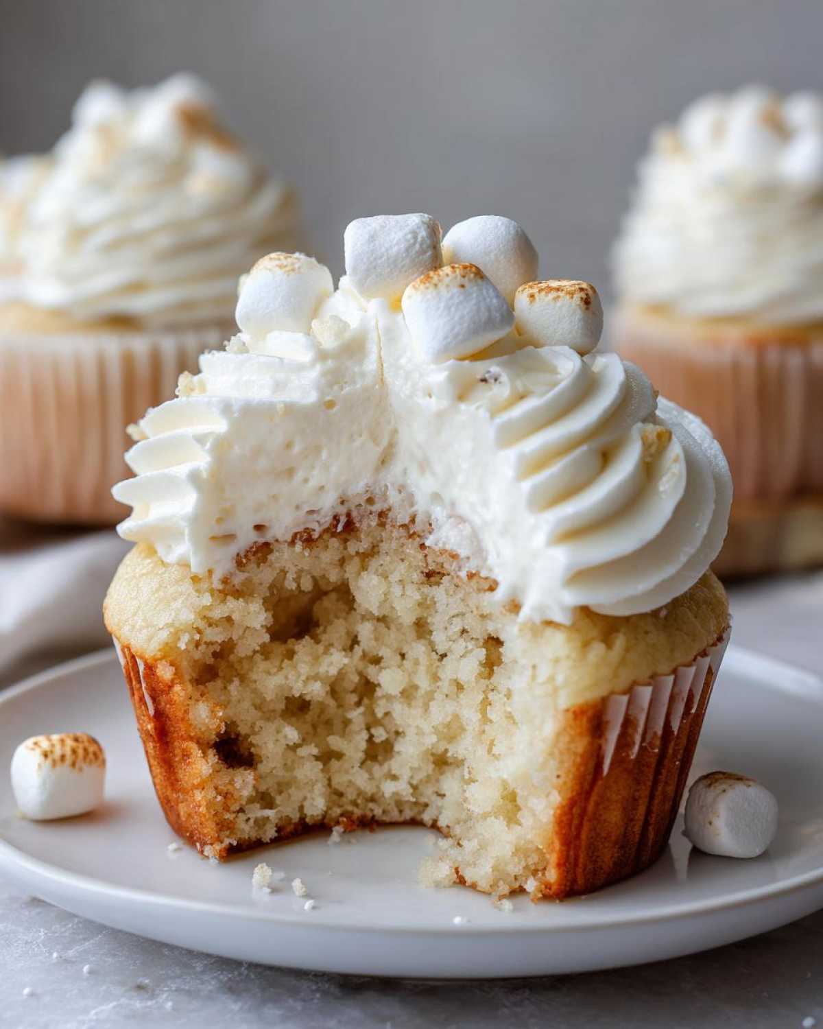 Close-up of a hot chocolate cupcake cut in half showing moist cake and white frosting topped with toasted marshmallows.