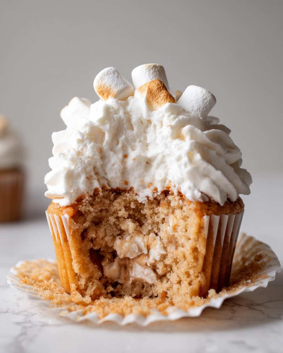Close-up of a hot chocolate cupcake cut in half, showing the fluffy cake, creamy filling, and toasted marshmallow topping.