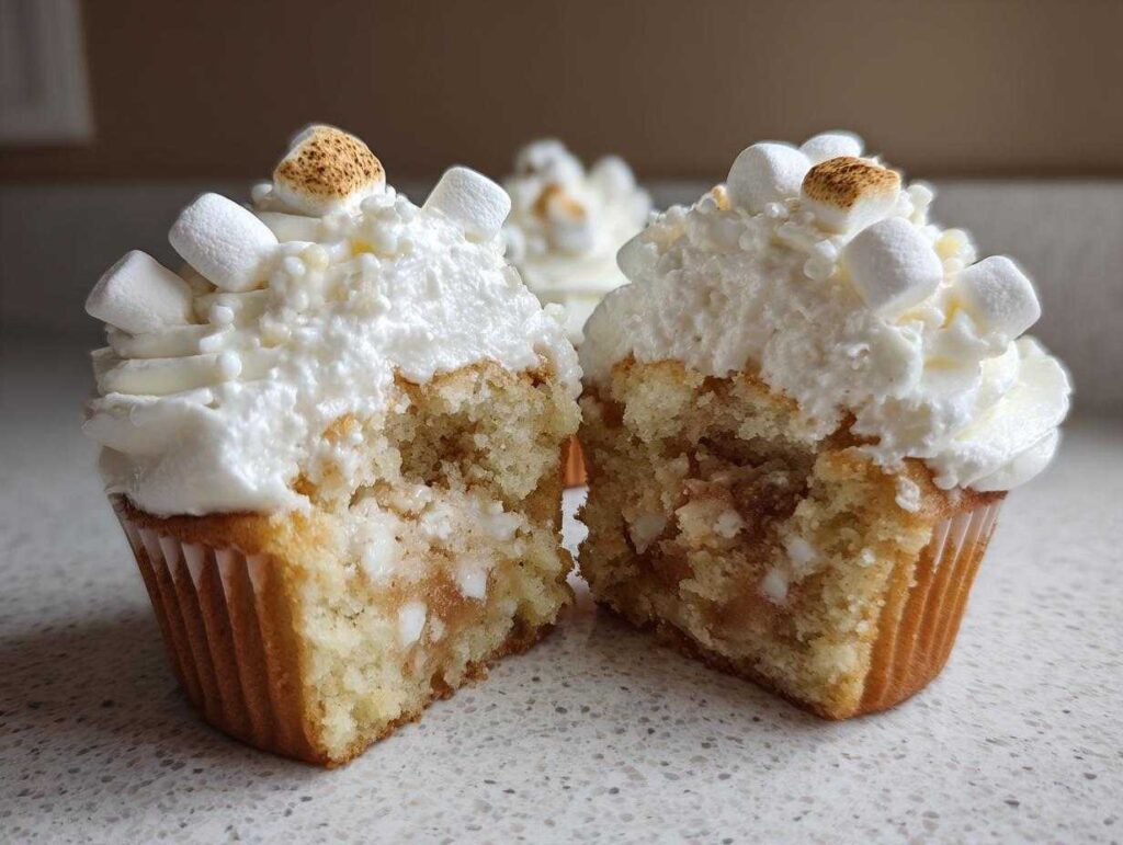 A hot chocolate cupcake cut in half showing a gooey filling, topped with white frosting and toasted marshmallows.