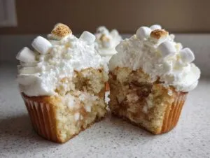 A hot chocolate cupcake cut in half showing a gooey filling, topped with white frosting and toasted marshmallows.
