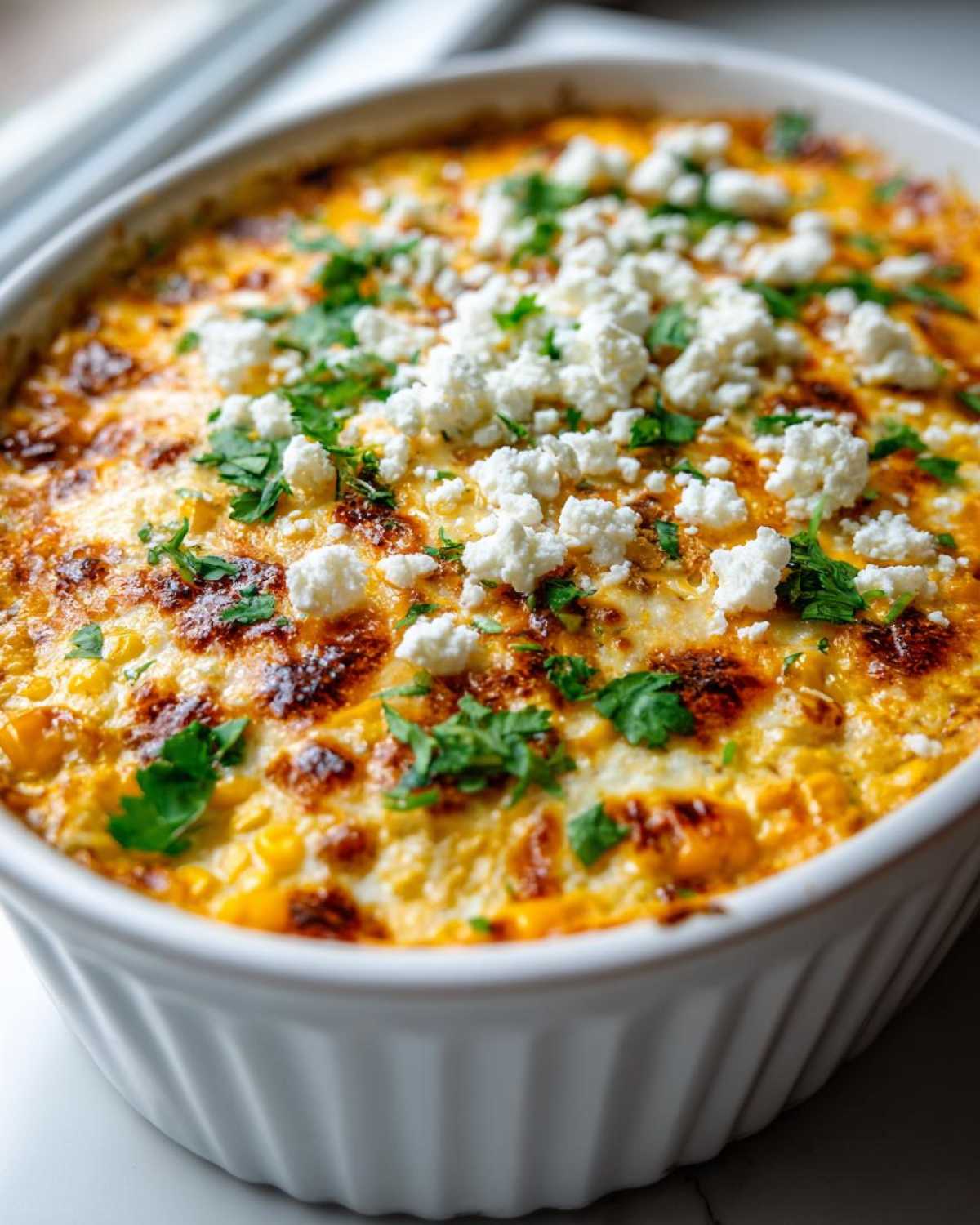 Close-up of baked Mexican street corn dip, topped with crumbled white cheese and fresh cilantro.