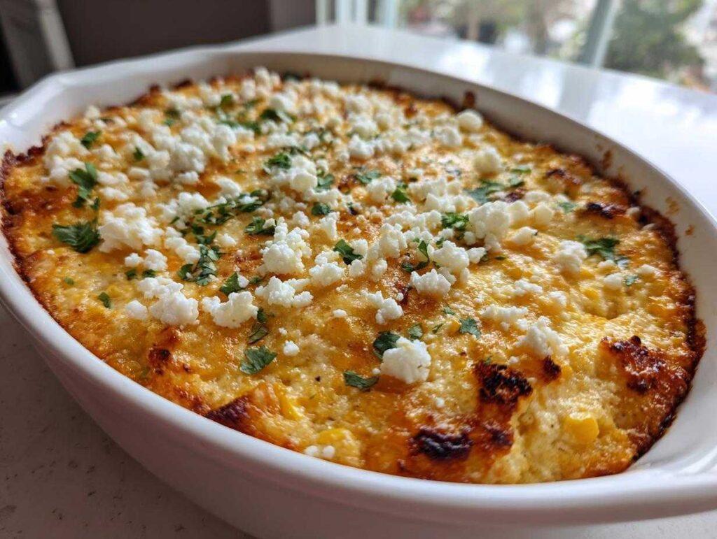 Close-up of hot Mexican street corn dip, baked golden brown and topped with crumbled white cheese and cilantro.