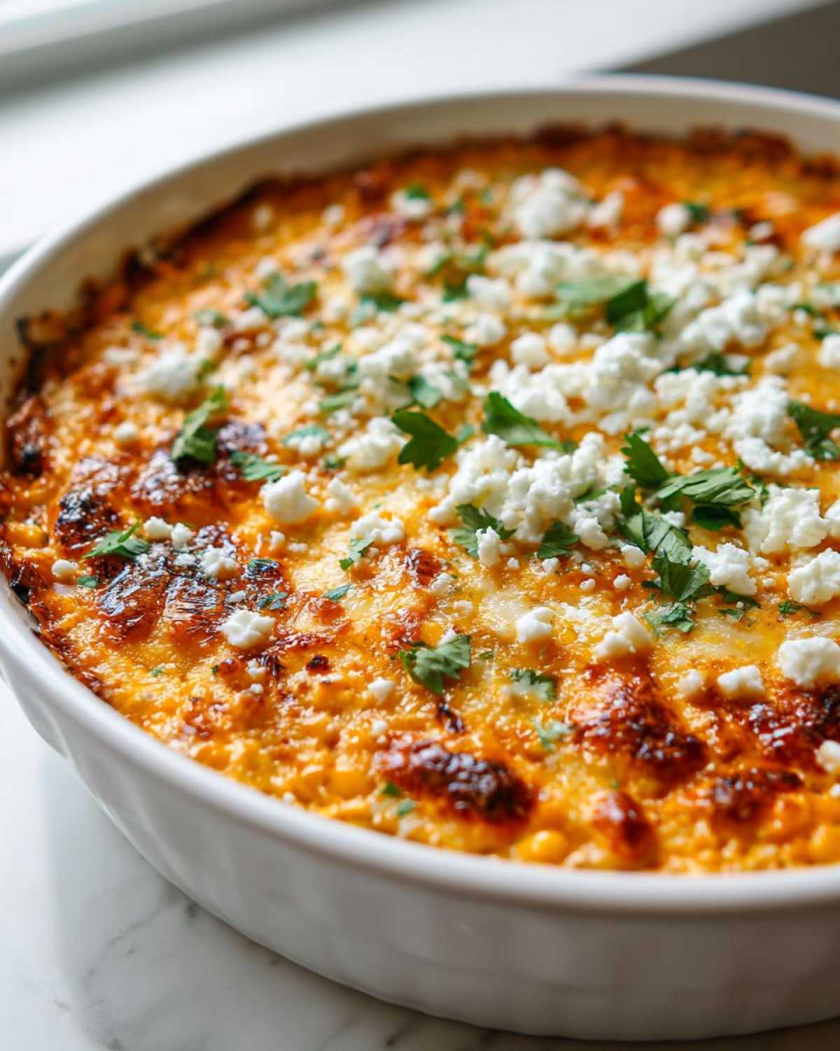 Close-up of a bubbling hot Mexican street corn dip topped with crumbled white cheese and fresh cilantro.