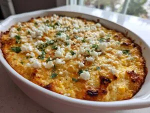 Close-up of hot Mexican street corn dip, baked golden brown and topped with crumbled white cheese and cilantro.