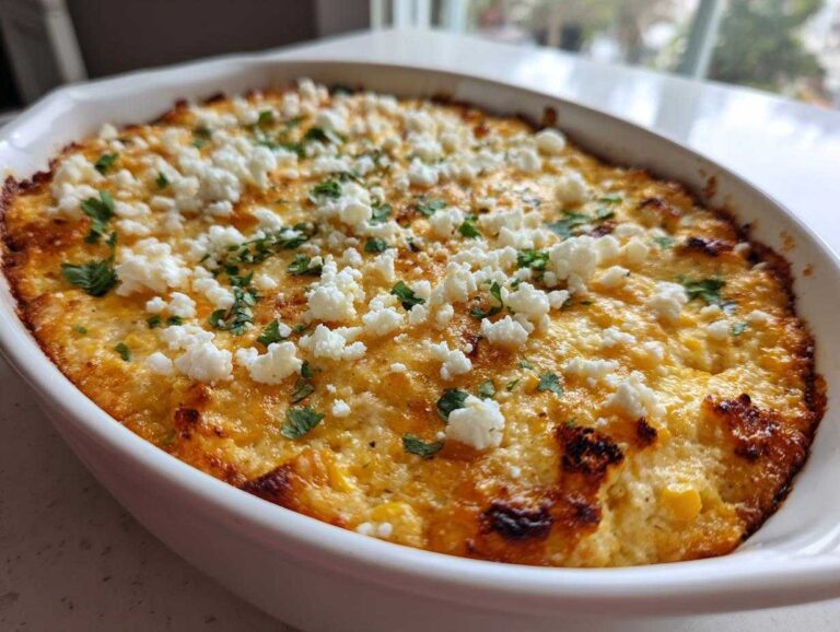 Close-up of hot Mexican street corn dip, baked golden brown and topped with crumbled white cheese and cilantro.