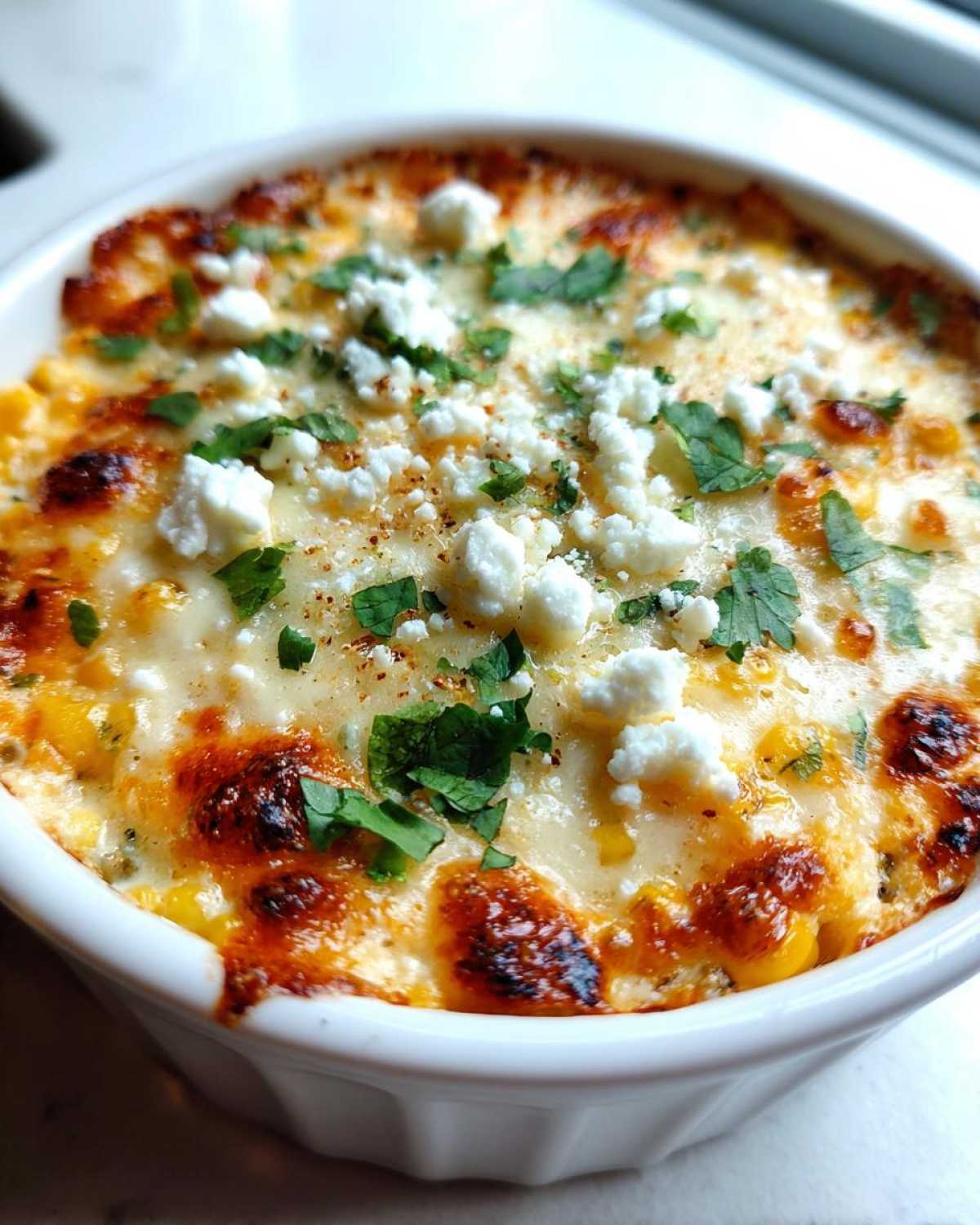 Close-up of hot, bubbly Mexican street corn dip topped with crumbled white cheese and cilantro.