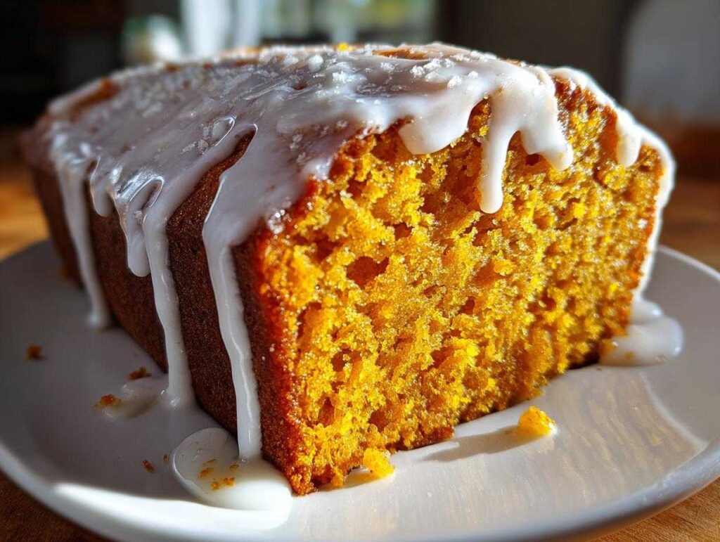 A moist slice of bright orange sweet potato pound cake topped with thick white glaze dripping down the sides.