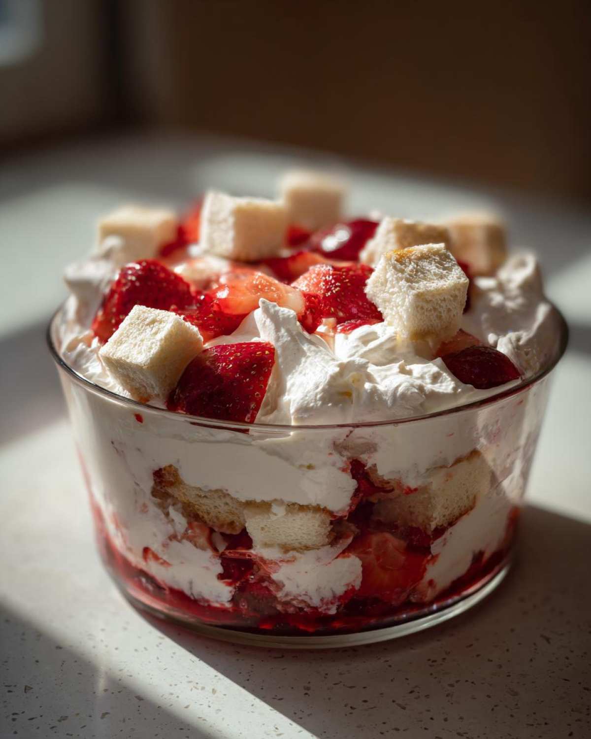 Close-up of a delicious strawberry shortcake trifle layered with whipped cream, macerated strawberries, and cake cubes in a glass dish.
