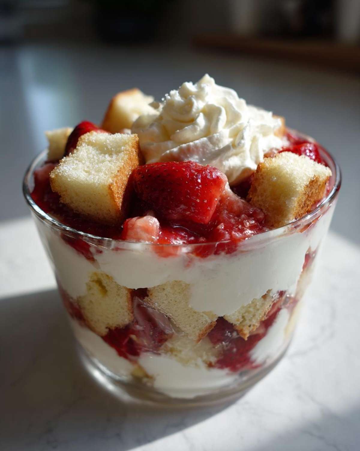 Close-up of an individual strawberry shortcake trifle layered with cake, cream, and macerated strawberries, topped with whipped cream.