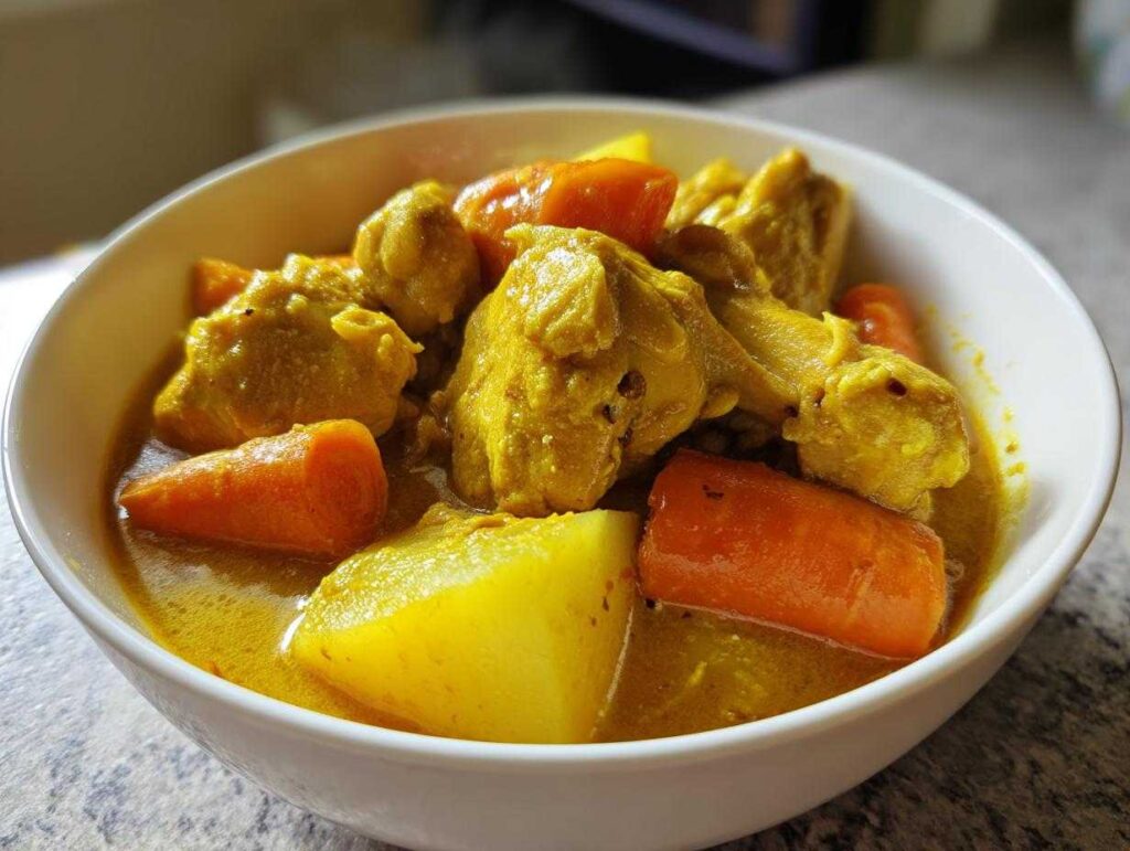 Close-up of rich, yellow Jamaican curry chicken served in a white bowl with chunks of carrots and potatoes.