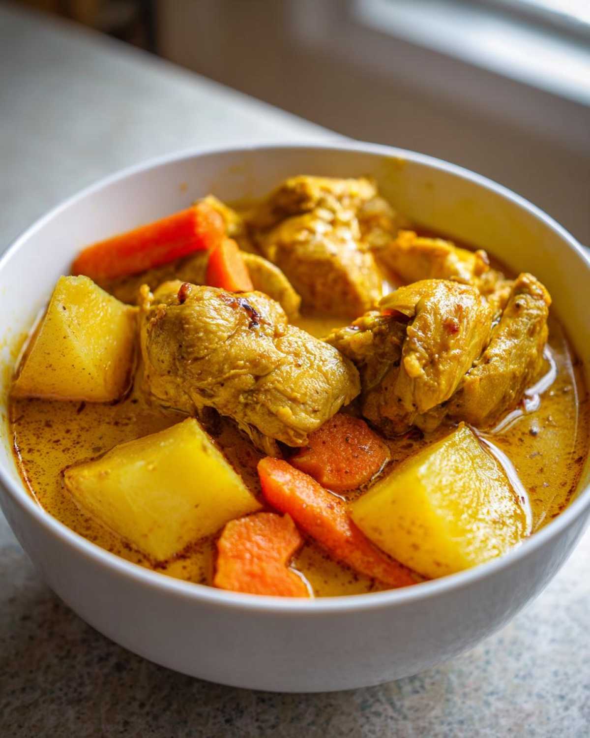 Close-up of Jamaican curry chicken stewed with large chunks of potatoes and carrots in a rich, yellow curry sauce.