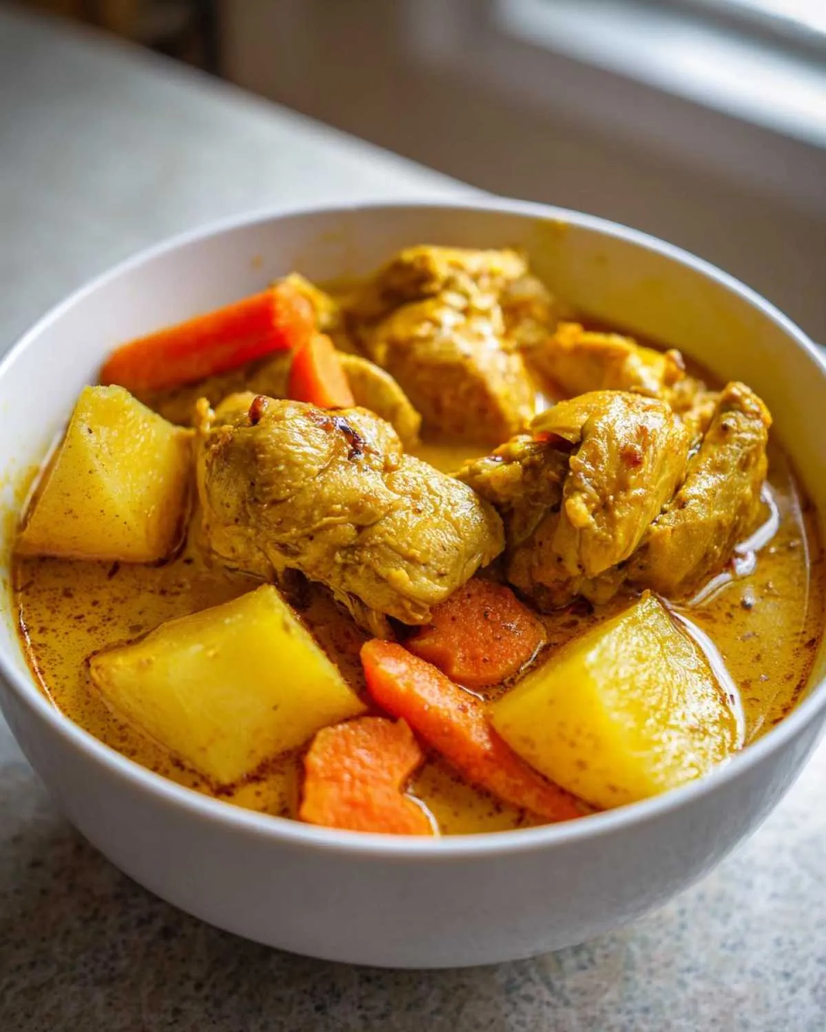 Close-up of Jamaican curry chicken stewed with large chunks of potatoes and carrots in a rich, yellow curry sauce.