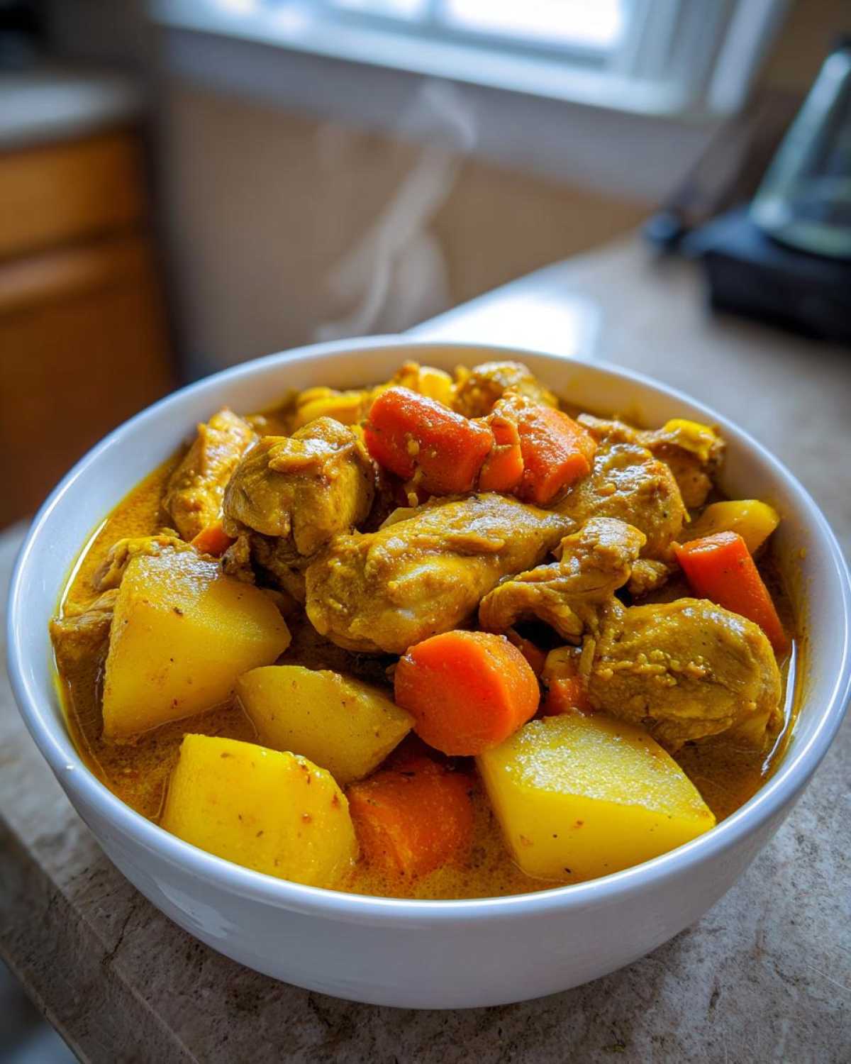 Close-up of a white bowl filled with steaming Jamaican Curry Chicken, featuring chunks of chicken, potatoes, and carrots in a rich yellow sauce.