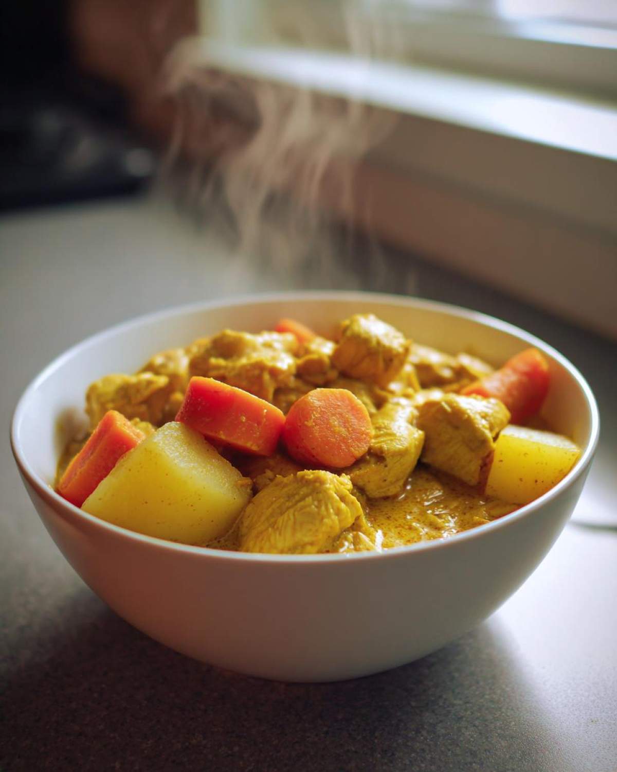 A white bowl filled with hot Jamaican Curry Chicken, featuring chunks of chicken, potatoes, and carrots, with steam rising.