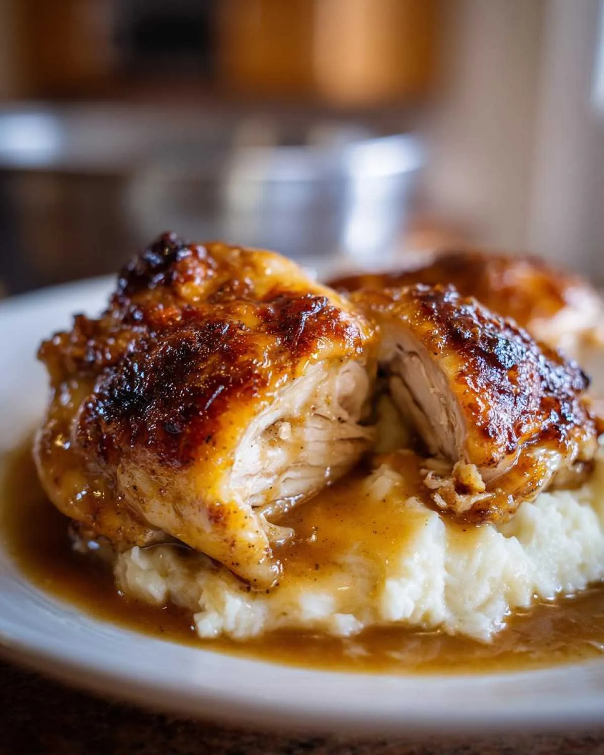 Close-up of a piece of golden-brown chicken and gravy served over creamy mashed potatoes.