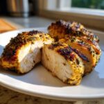 Close-up of perfectly cooked chicken breast, sliced to show juicy interior, coated in a flavorful herb chicken marinade.