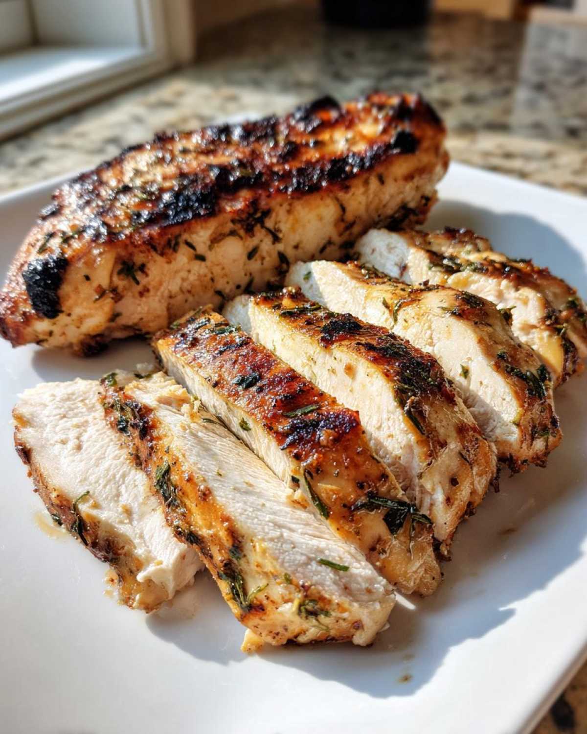 Close-up of grilled, sliced chicken breast showing juicy white meat, seasoned with herbs from the chicken marinade.