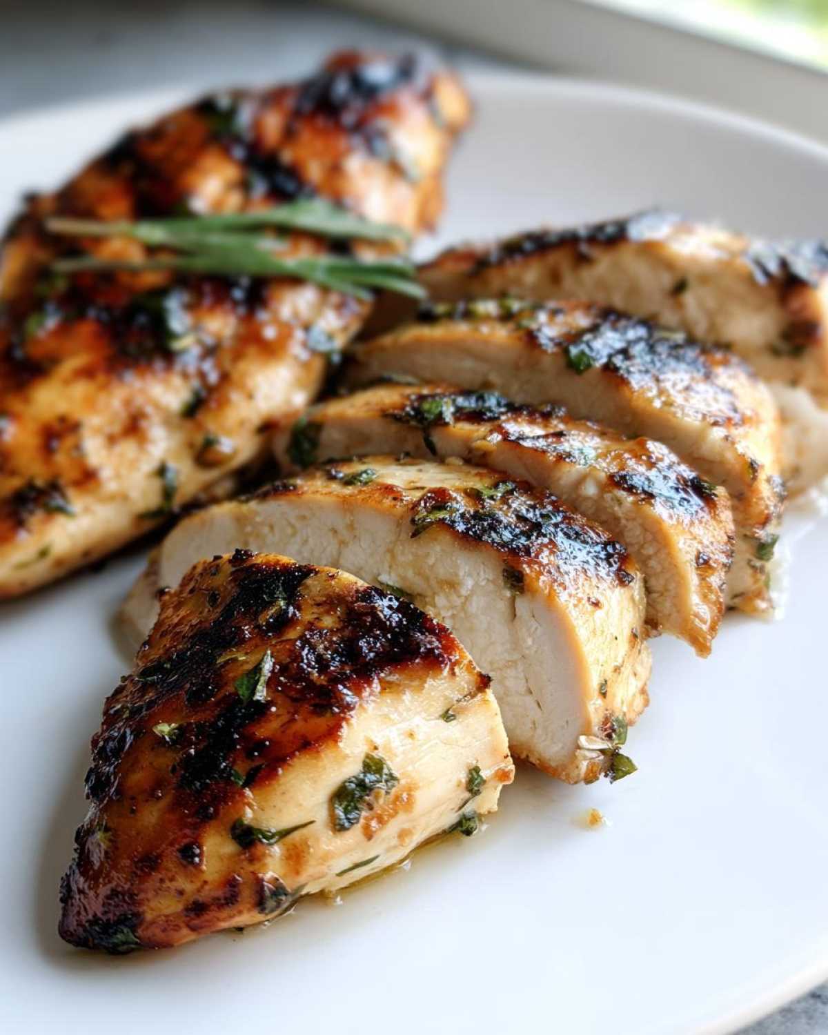 Close-up of sliced, juicy grilled chicken breast coated in a flavorful herb chicken marinade.