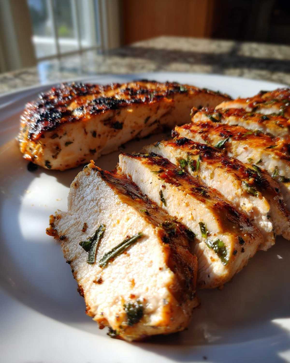 Close-up of sliced, grilled chicken breast showing juicy interior from the best chicken marinade.