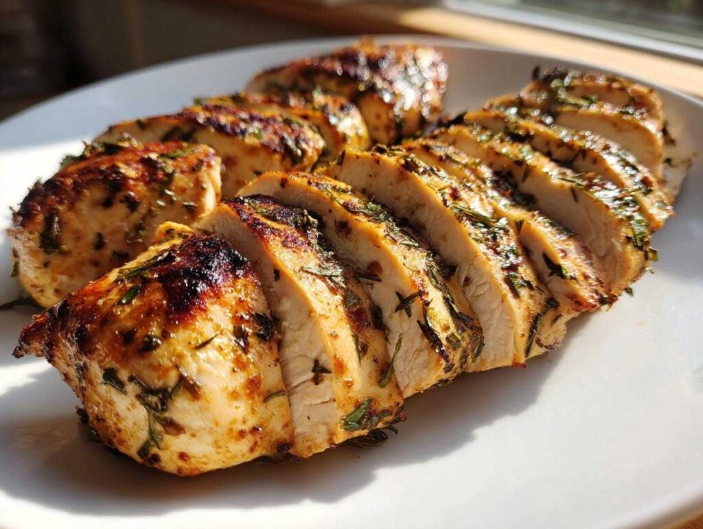Close-up of perfectly cooked, sliced chicken breast coated in a flavorful herb chicken marinade.