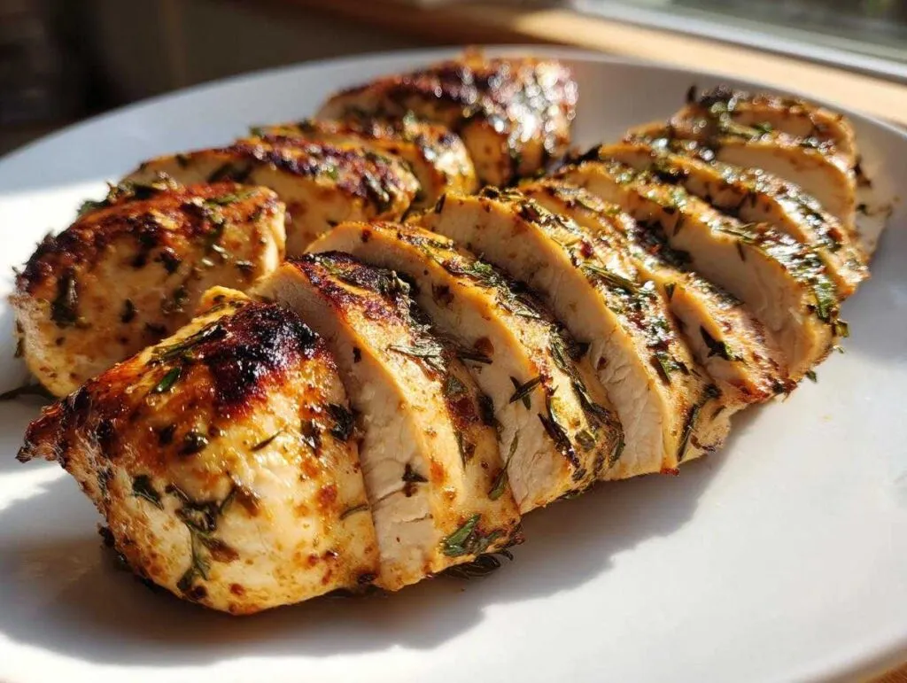 Close-up of perfectly cooked, sliced chicken breast coated in a flavorful herb chicken marinade.