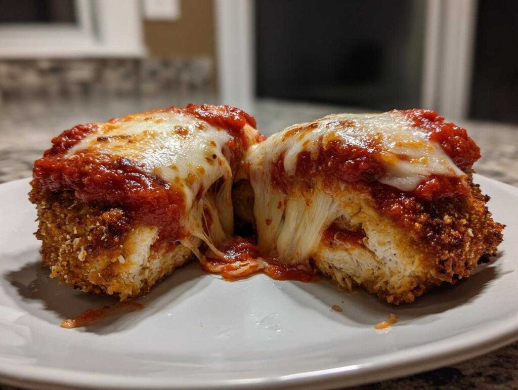 Close-up of keto chicken parmesan cut in half showing melted mozzarella cheese pull and crispy coating.