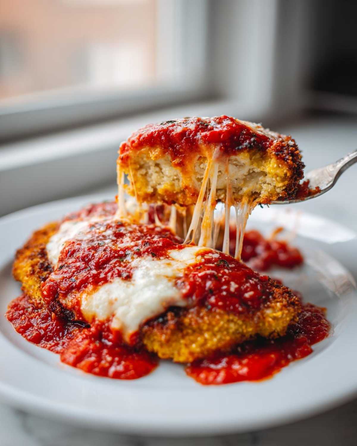 A fork lifts a piece of keto chicken parmesan showing melted cheese stretching between the lifted piece and the serving below.