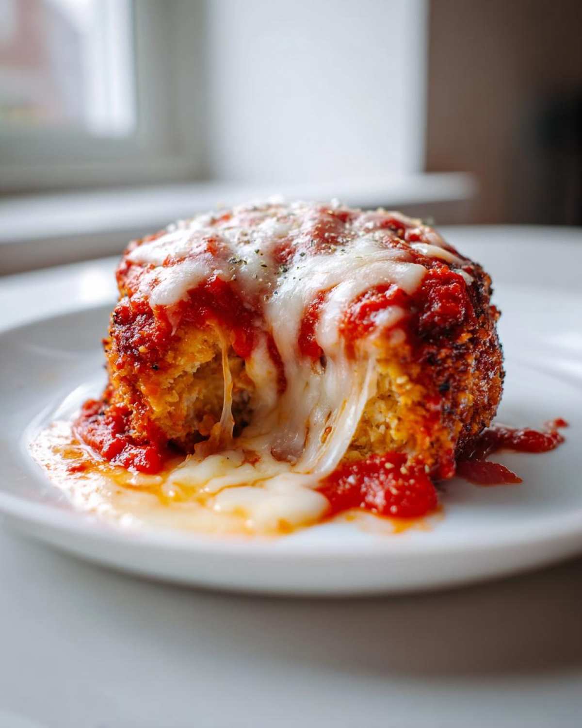 Close-up of keto chicken parmesan with marinara sauce and melted, stretchy mozzarella cheese.