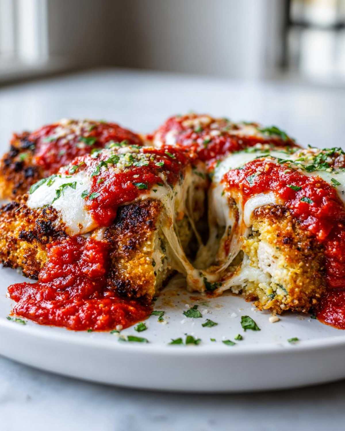 Close-up of cheesy keto chicken parmesan cut open showing melted mozzarella cheese pull, topped with marinara sauce.