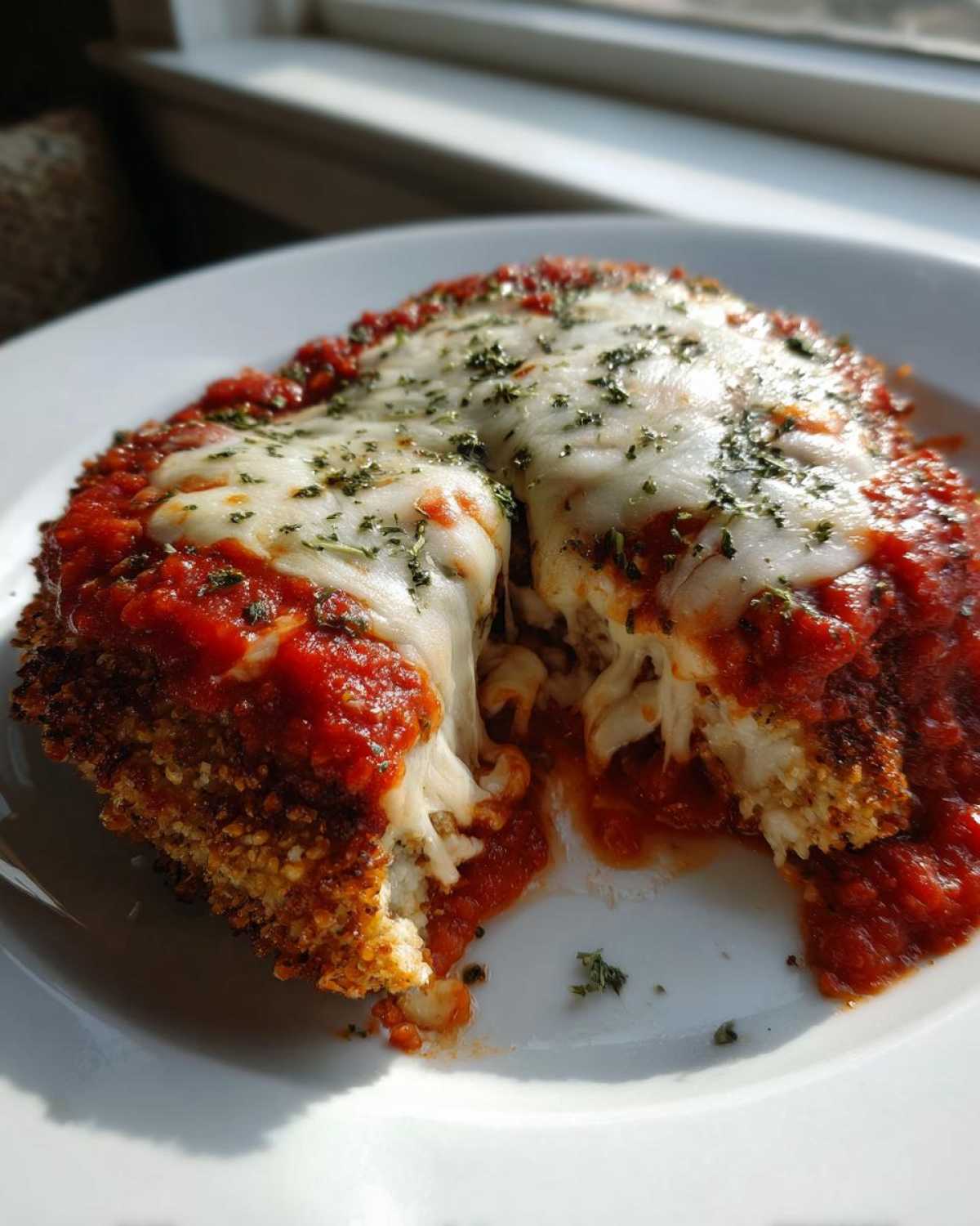 A close-up of keto chicken parmesan cut open, showing melted mozzarella cheese and rich tomato sauce.