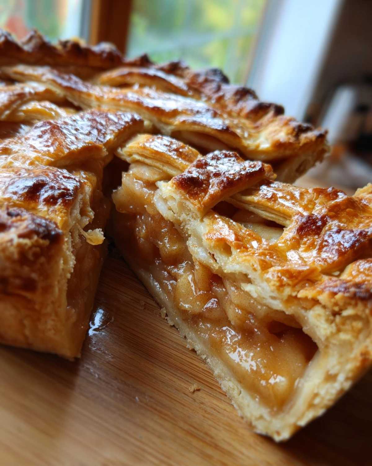 Close-up of a slice cut from a golden brown lattice apple pie, showing gooey filling.