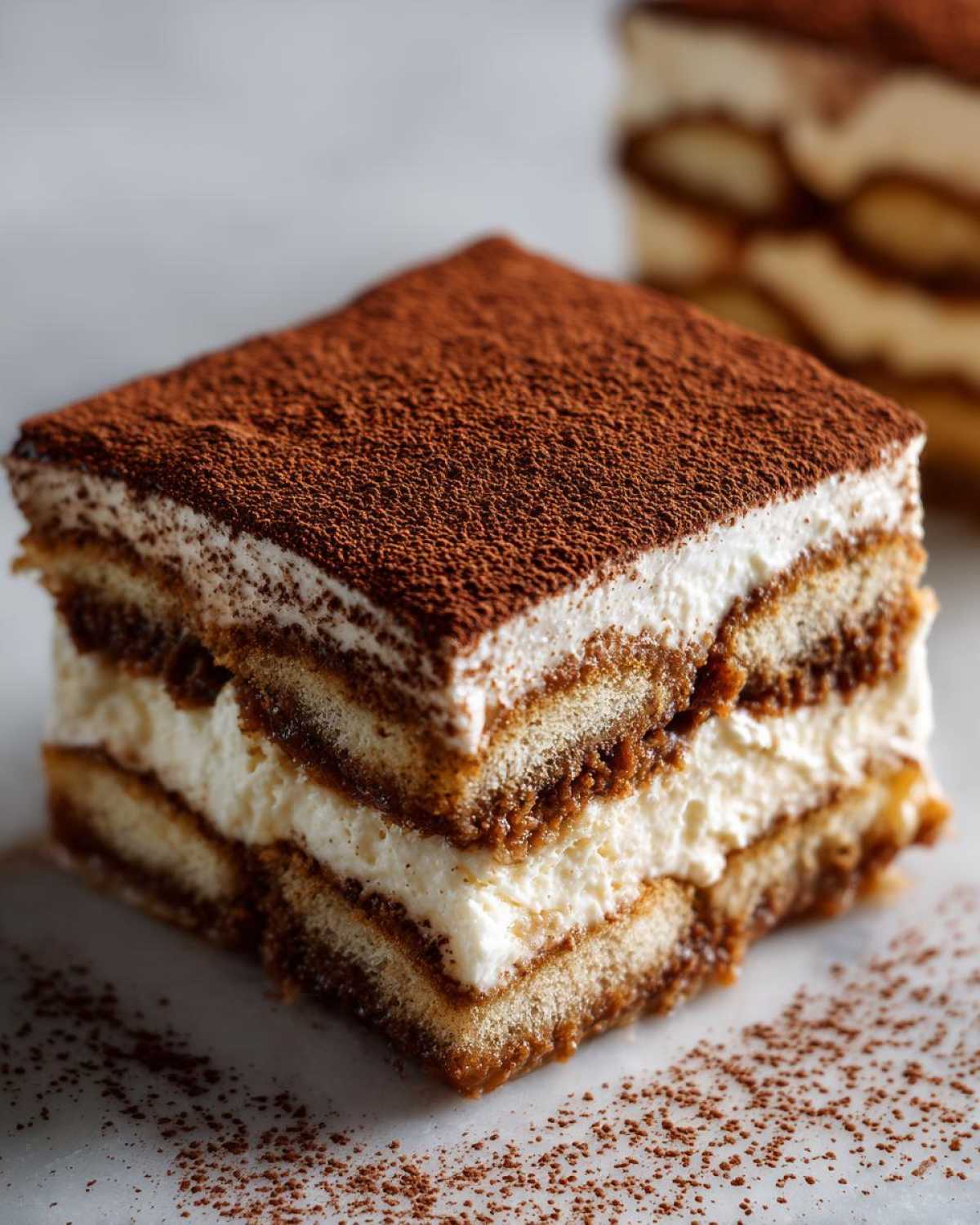 Close-up of a layered slice of tiramisu recipe, dusted heavily with cocoa powder.