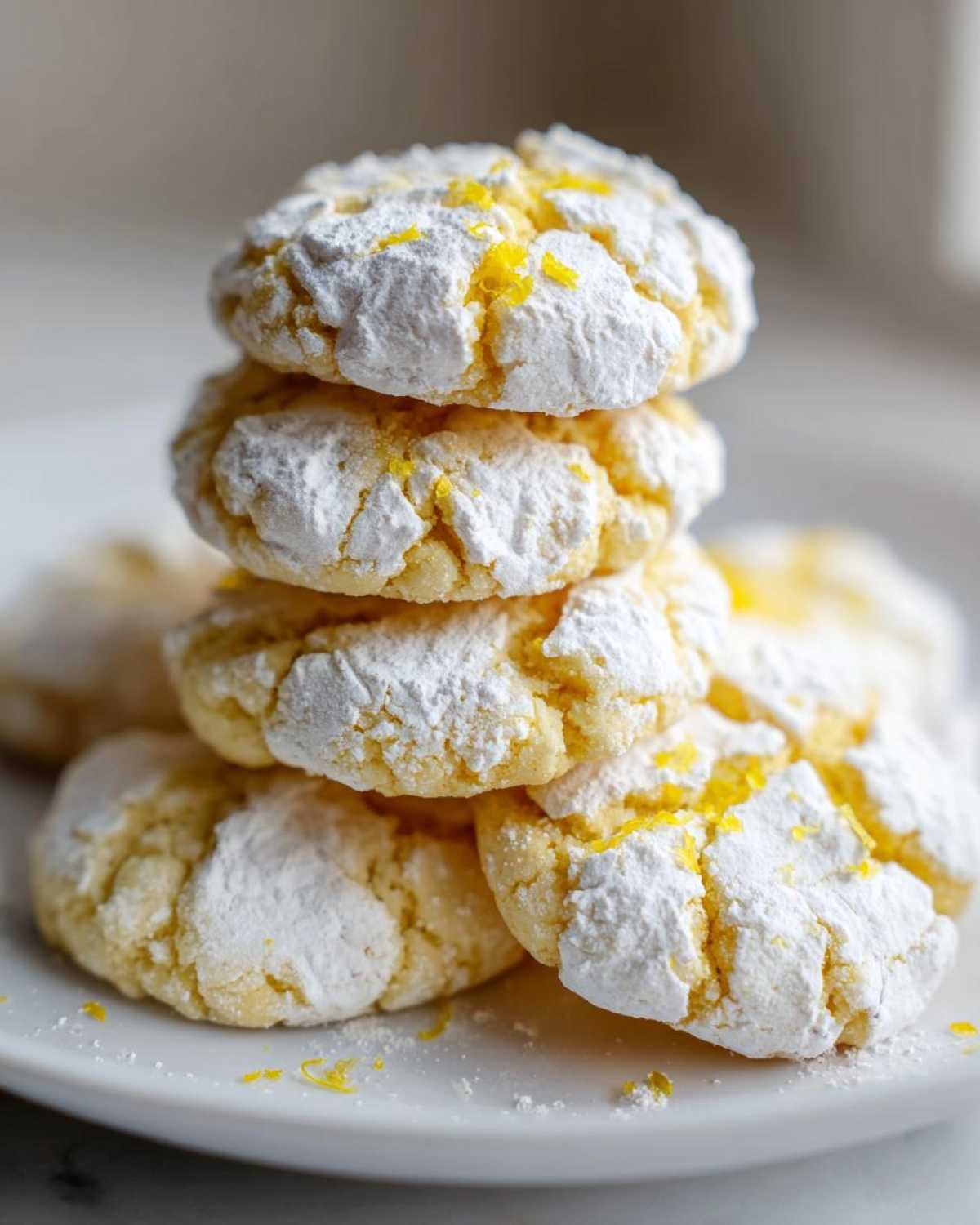 A stack of four soft lemon crinkle cookies dusted heavily with powdered sugar and topped with bright yellow lemon zest.