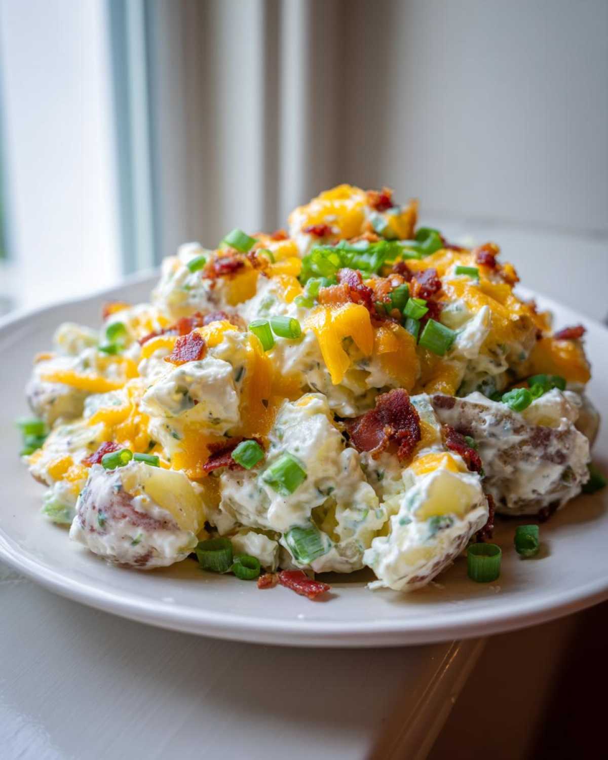 A serving of creamy baked potato salad topped with shredded cheddar cheese, bacon bits, and green onions.
