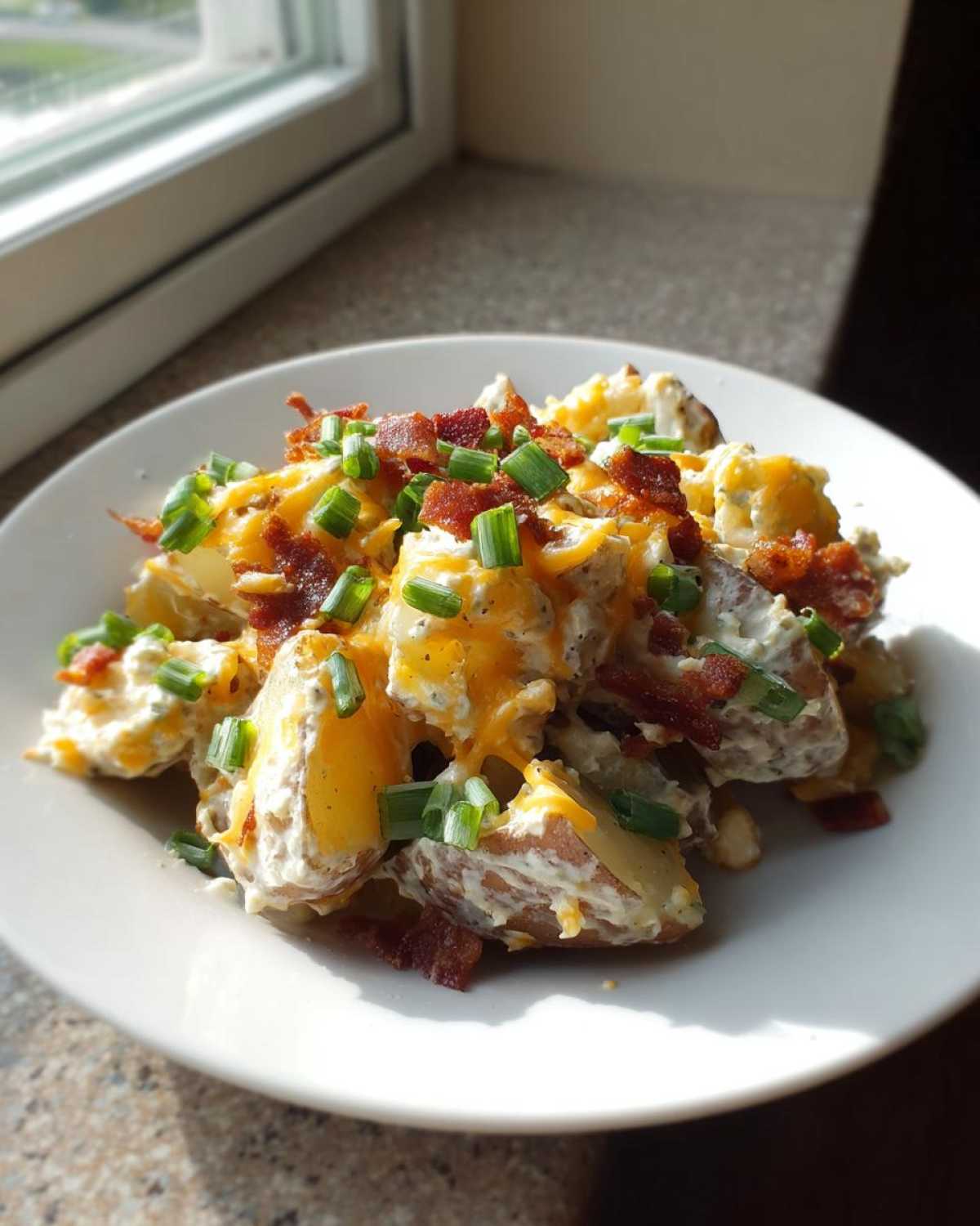 A serving of loaded baked potato salad topped with melted cheese, bacon bits, and fresh chives on a white plate.