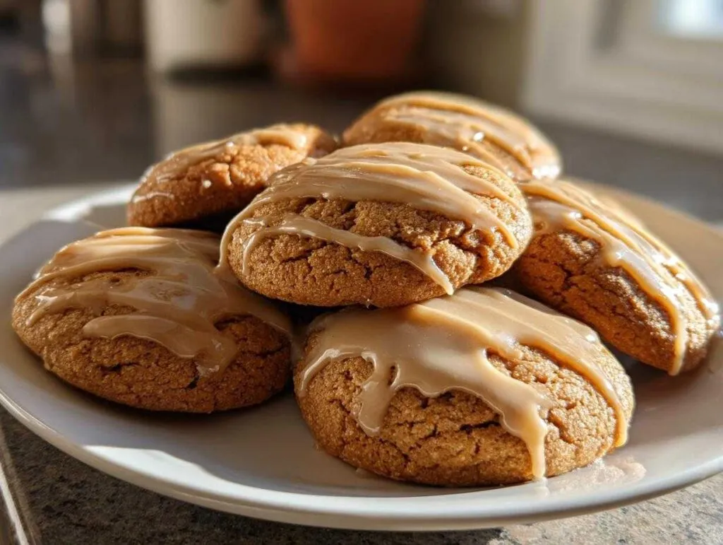 A stack of soft, chewy maple cookies topped with a thick, drizzled brown glaze on a white plate.