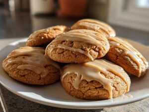 A stack of soft, chewy maple cookies topped with a thick, drizzled brown glaze on a white plate.