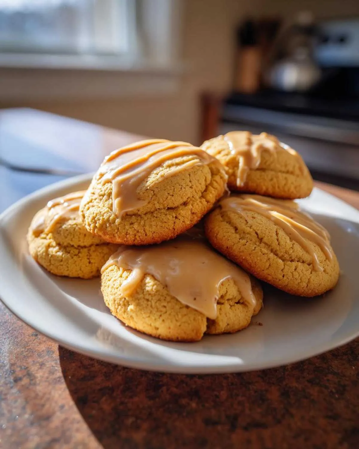 A stack of soft, golden maple cookies topped with a thick, drizzled brown sugar glaze on a white plate.