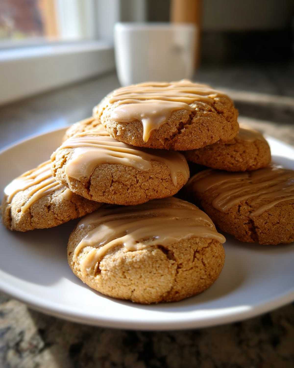 A stack of soft, round maple cookies topped with a thick, drizzled brown sugar glaze on a white plate.