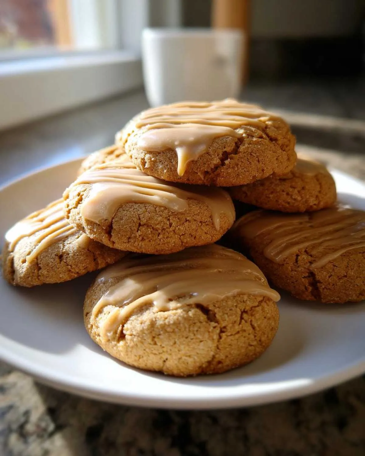 A stack of soft, round maple cookies topped with a thick, drizzled brown sugar glaze on a white plate.