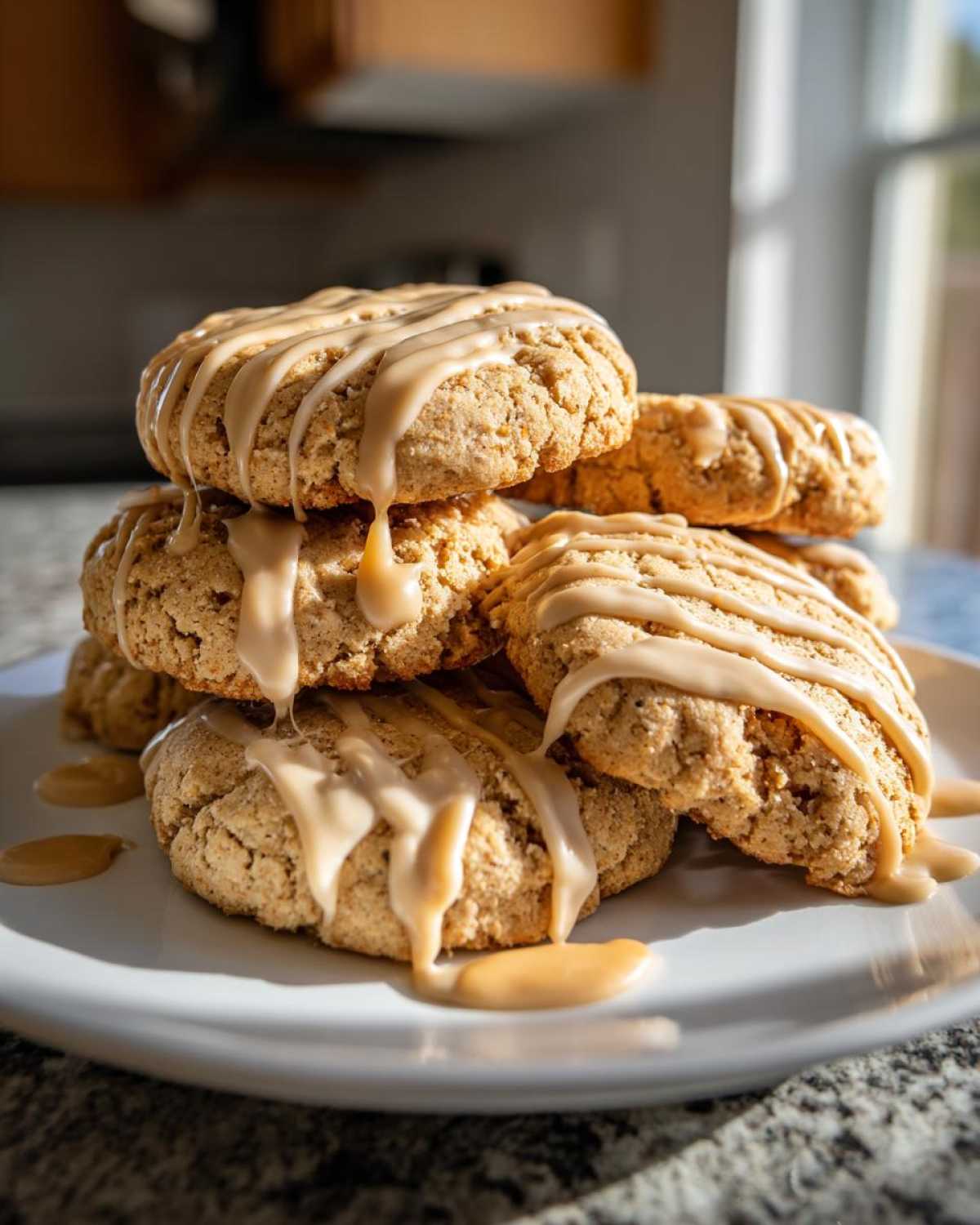 A stack of soft maple cookies generously drizzled with thick, light brown maple icing.