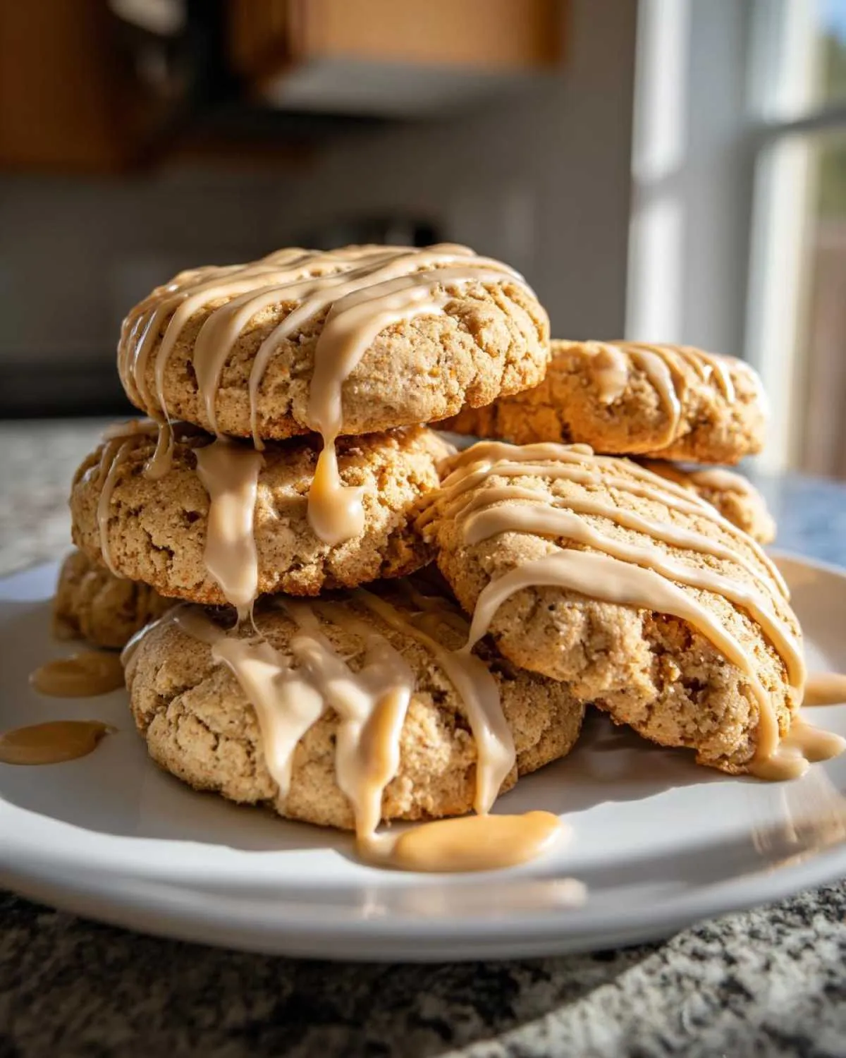 A stack of soft maple cookies generously drizzled with thick, light brown maple icing.