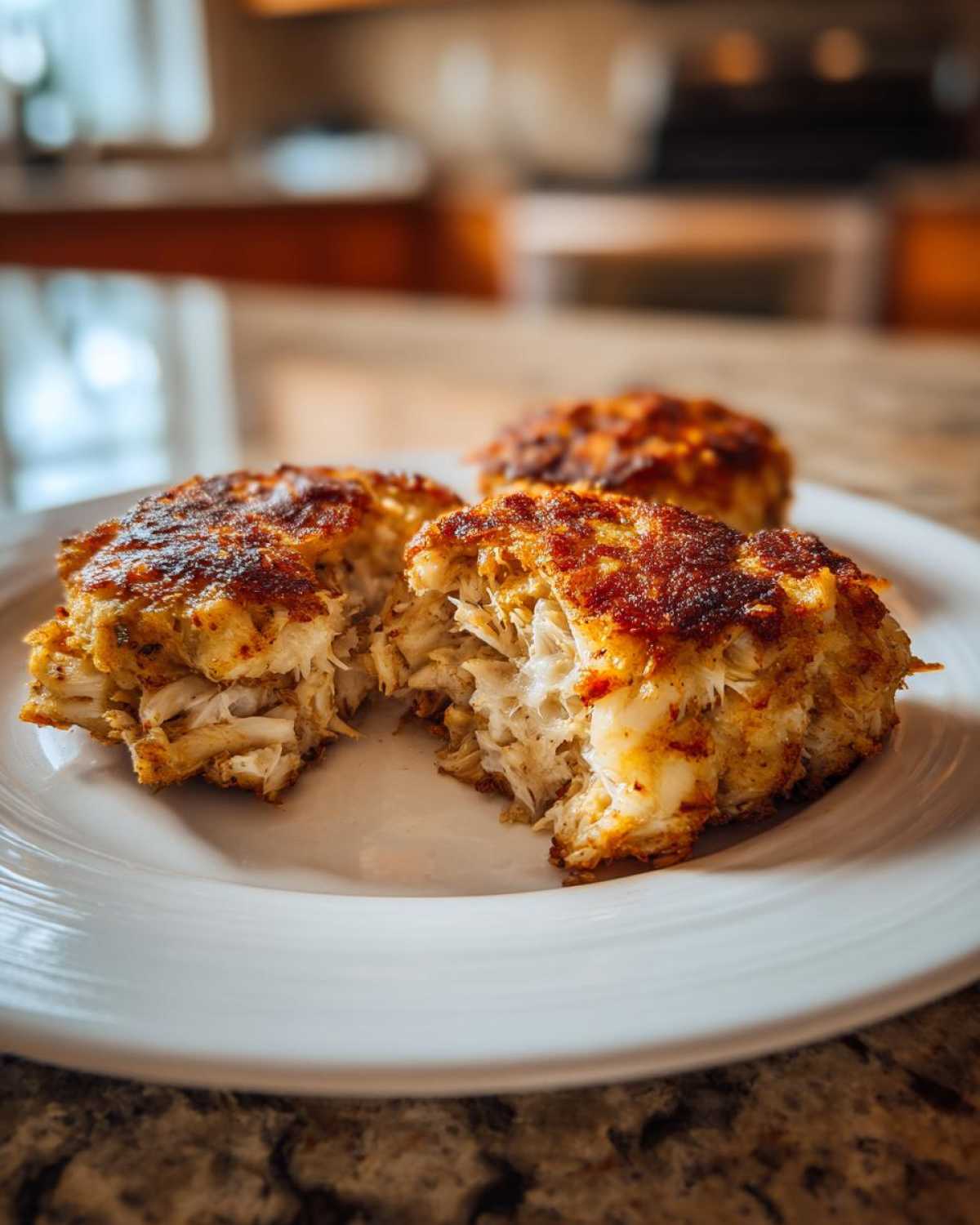 Close-up of flaky, golden-brown Maryland crab cakes on a white plate, one broken open to show the crab meat.