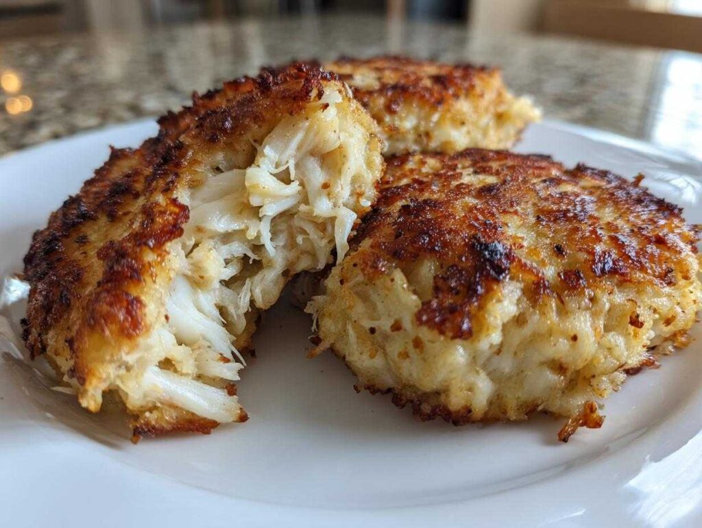 Close-up of golden-brown Maryland crab cakes, one broken open showing large chunks of white crab meat.