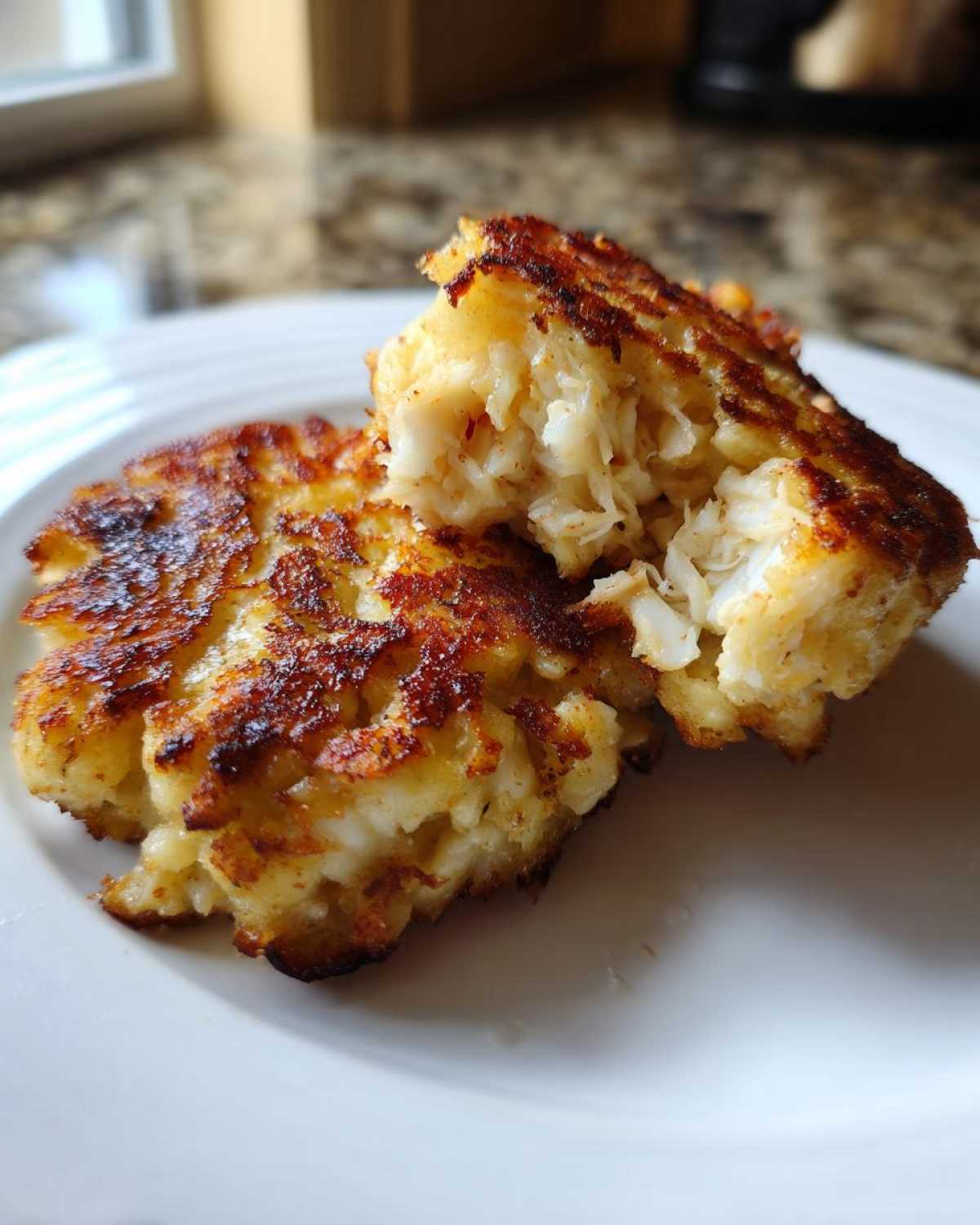 Close-up of two golden-brown Maryland crab cakes, one broken open to show the flaky white crab meat inside.