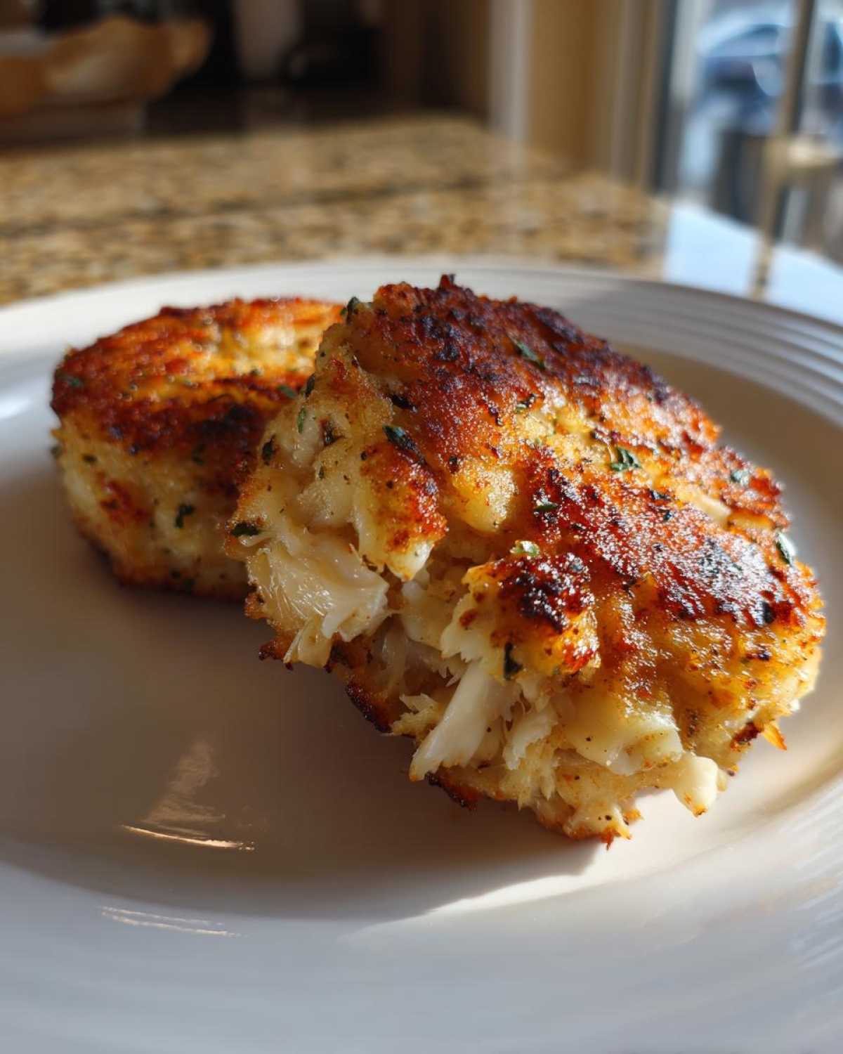 Two golden-brown, pan-seared Maryland crab cakes on a white plate, one broken open to show large flakes of white crab meat.