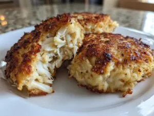 Close-up of golden-brown Maryland crab cakes, one broken open showing large chunks of white crab meat.