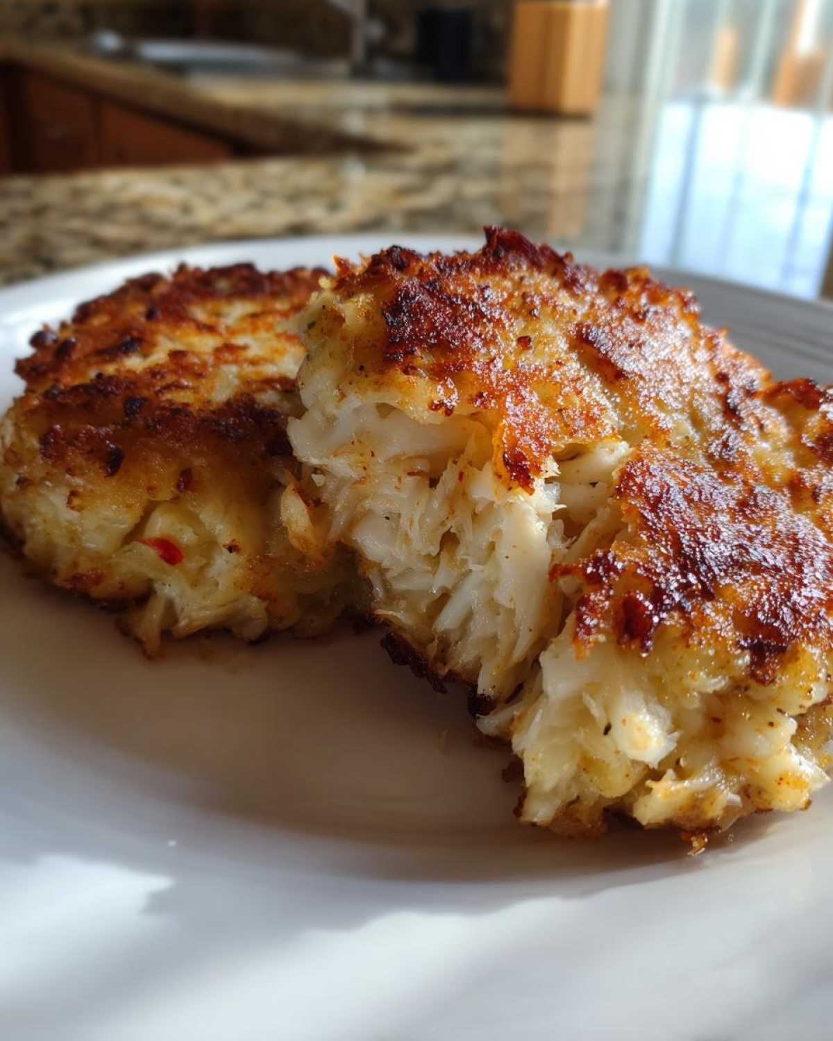 Close-up of two perfectly seared Maryland crab cakes, showing the flaky white crab meat inside.