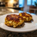 Two golden-brown, perfectly seared Maryland crab cakes resting on a white plate.