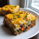 Two slices of hearty meatloaf casserole topped with melted cheddar cheese and parsley on a white plate.
